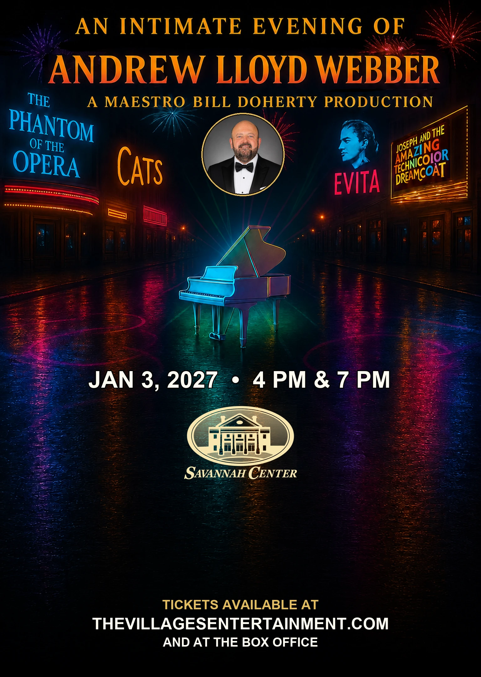 An Intimate Evening of Andrew Lloyd Webber artwork featuring Maestro Bill Doherty, the January 3 performance times, and the Savannah Center logo