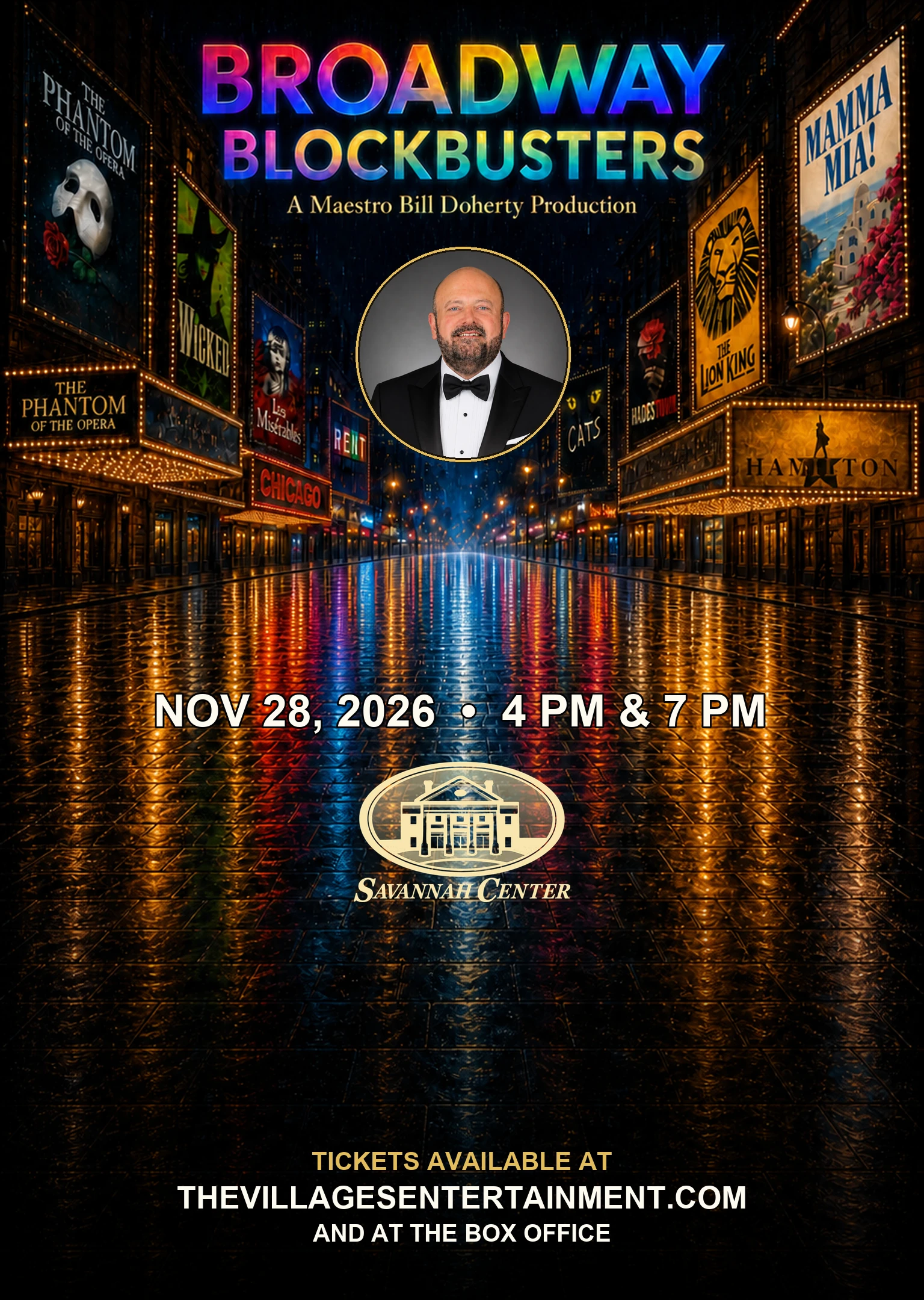 Broadway Blockbusters artwork featuring Maestro Bill Doherty, the November 28 performance times, and the Savannah Center logo