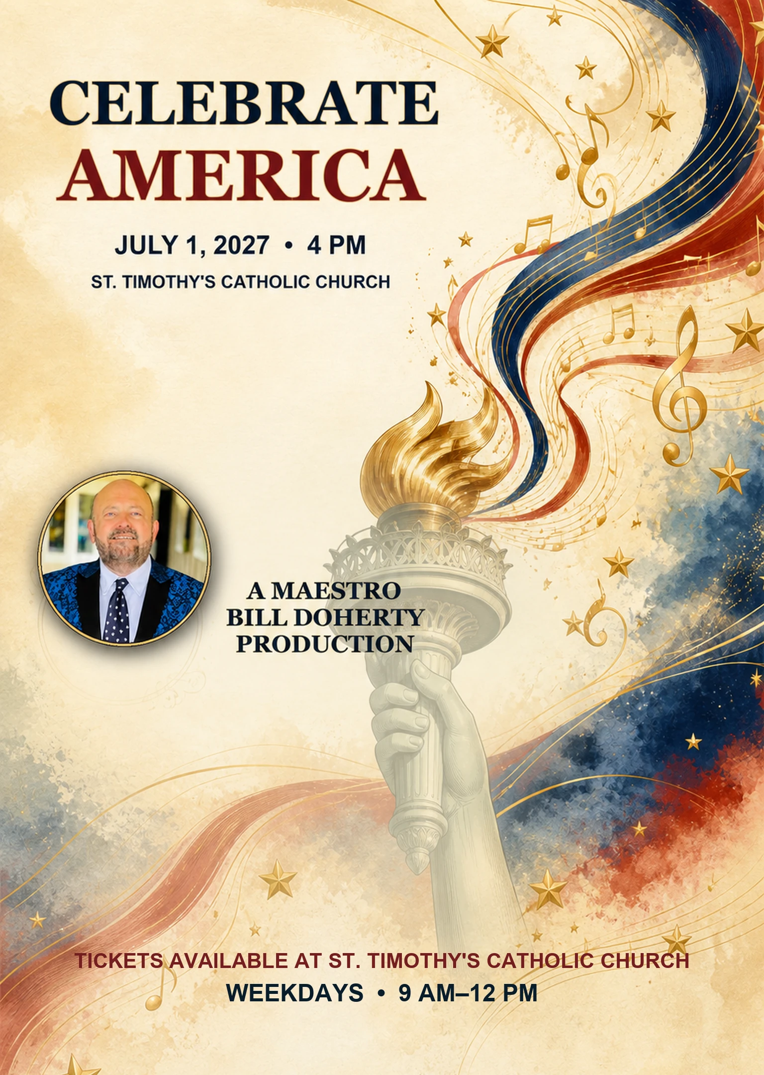 Celebrate America concert artwork featuring Maestro Bill Doherty in his patriotic concert attire