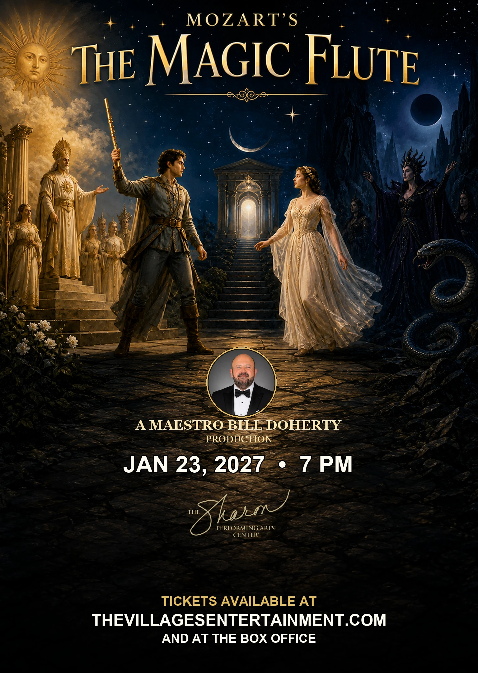 Mozart's The Magic Flute artwork with Maestro Bill Doherty, the January 23 performance time, and The Sharon logo