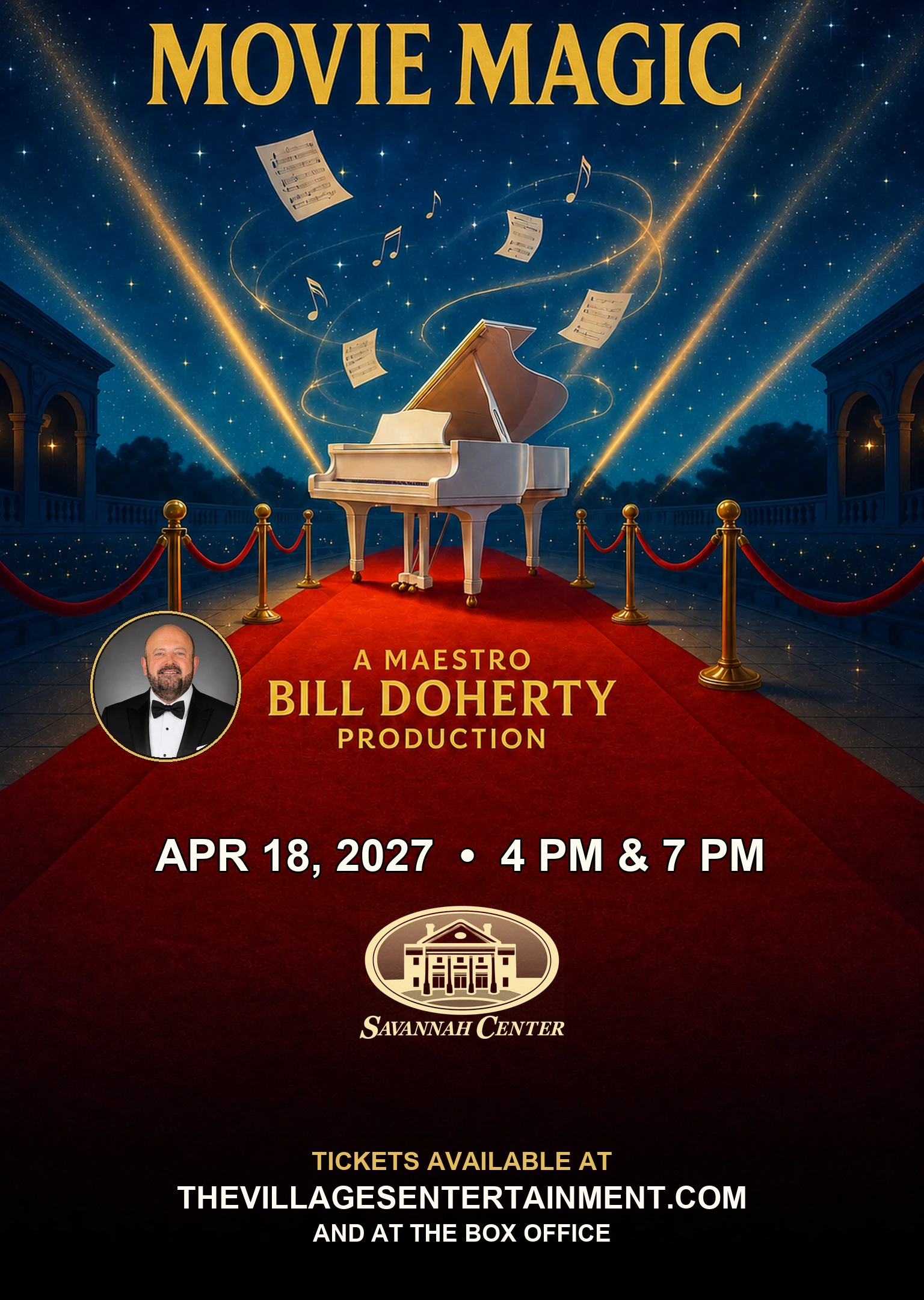 Movie Magic concert artwork featuring Maestro Bill Doherty, the April 18 performance times, and the Savannah Center logo