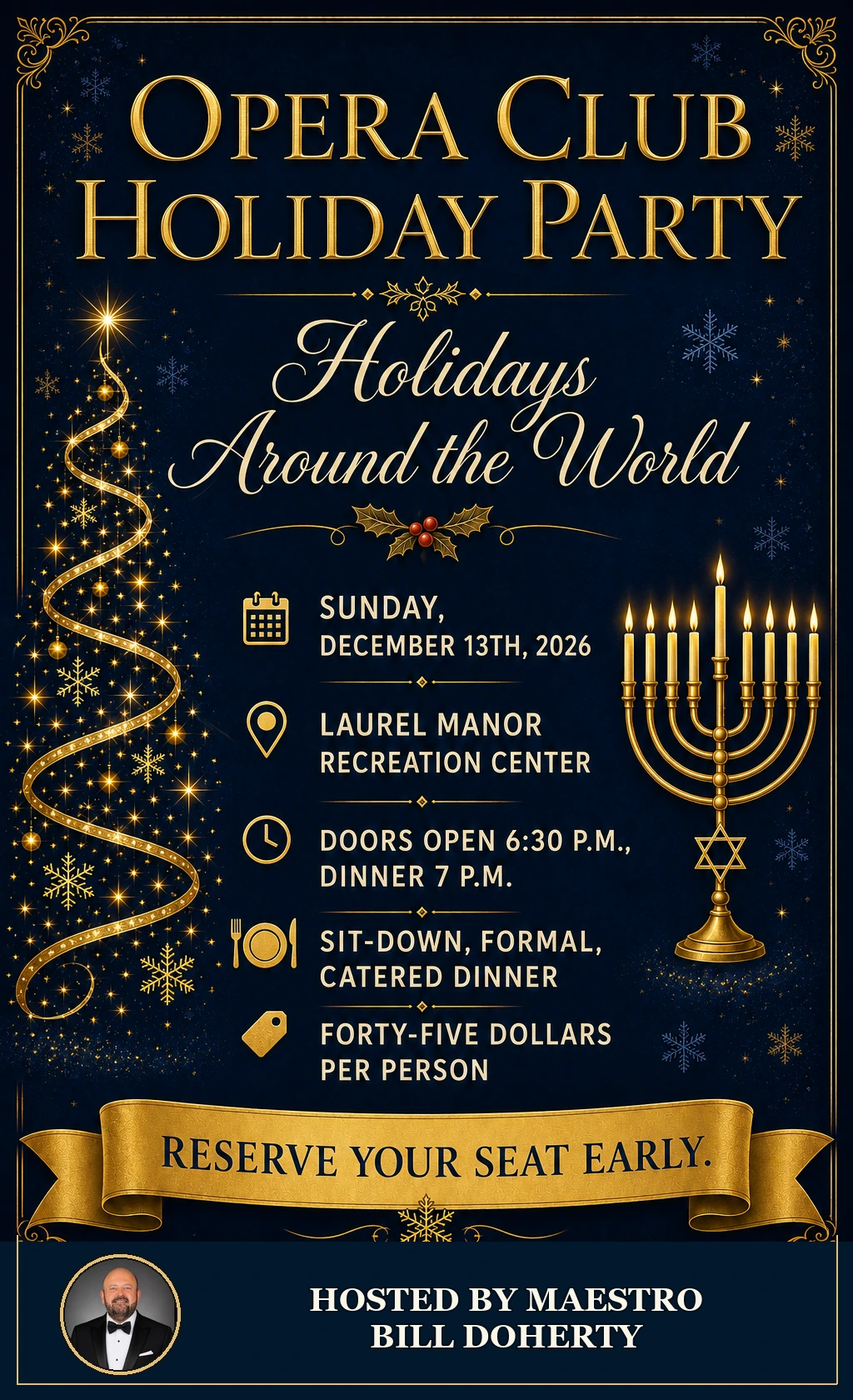 Opera Club Holiday Party: Holidays Around the World invitation hosted by Maestro Bill Doherty