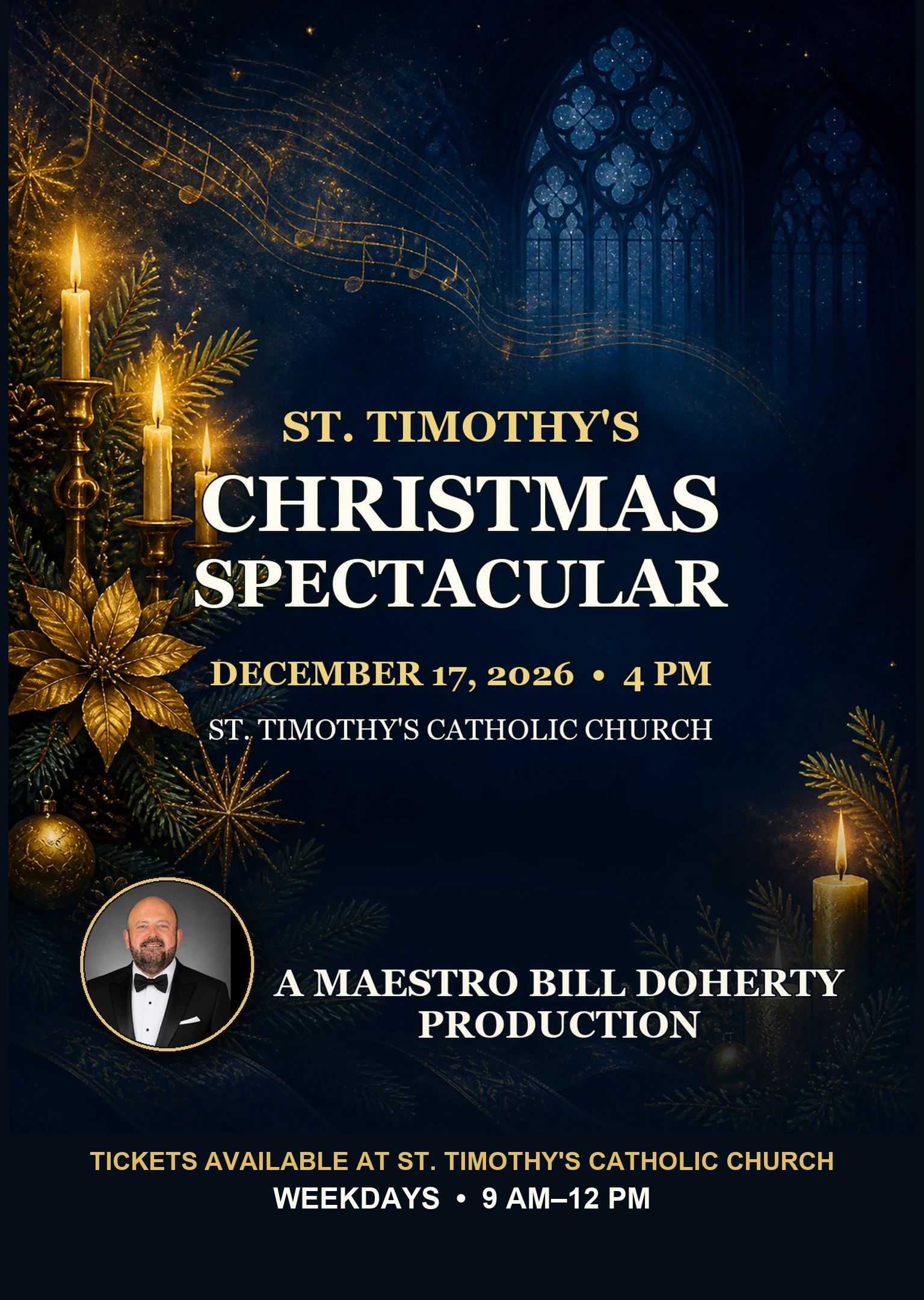 St. Timothy's Christmas Spectacular concert artwork featuring Maestro Bill Doherty