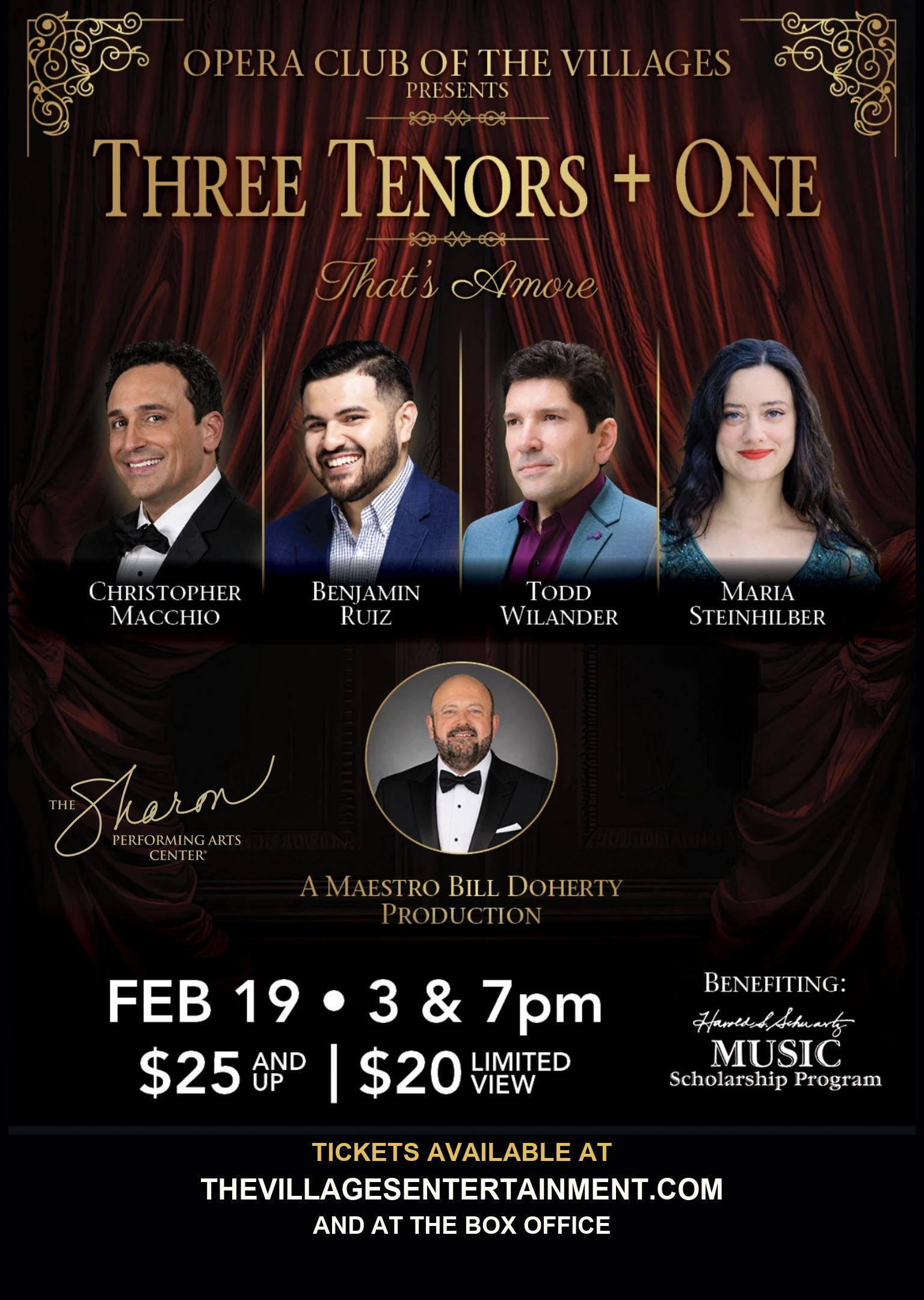 Three Tenors Plus One - That's Amore poster with Christopher Macchio, Benjamin Ruiz, Todd Wilander, Maria Steinhilber, Maestro Bill Doherty, and The Sharon logo